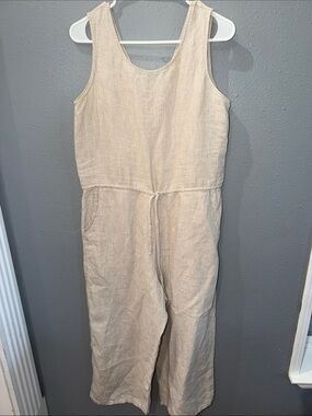 Sleeveless Beige Linen Jumpsuit with Drawstring Waist